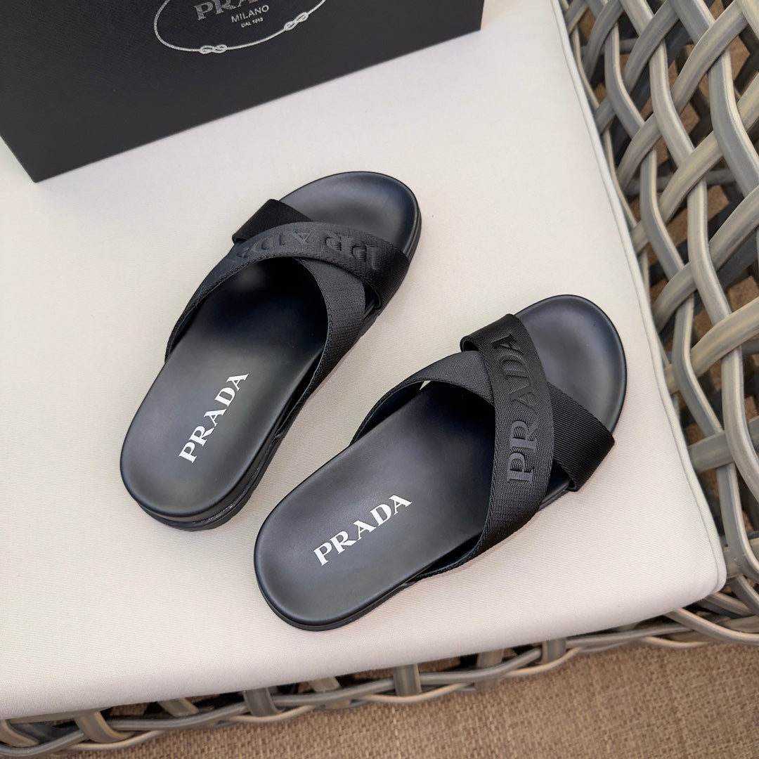 Prada Nylon Tape Crisscross Slides Black Leather