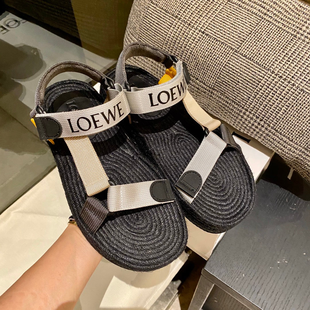 LOEWE Strappy Espadrille Sandals Unisex Nylon In Black/Beige