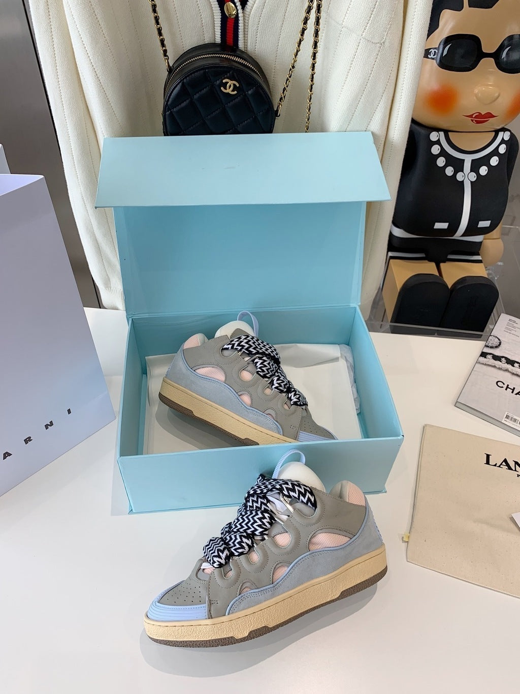 Lanvin Leather Curb Sneaker Light Blue