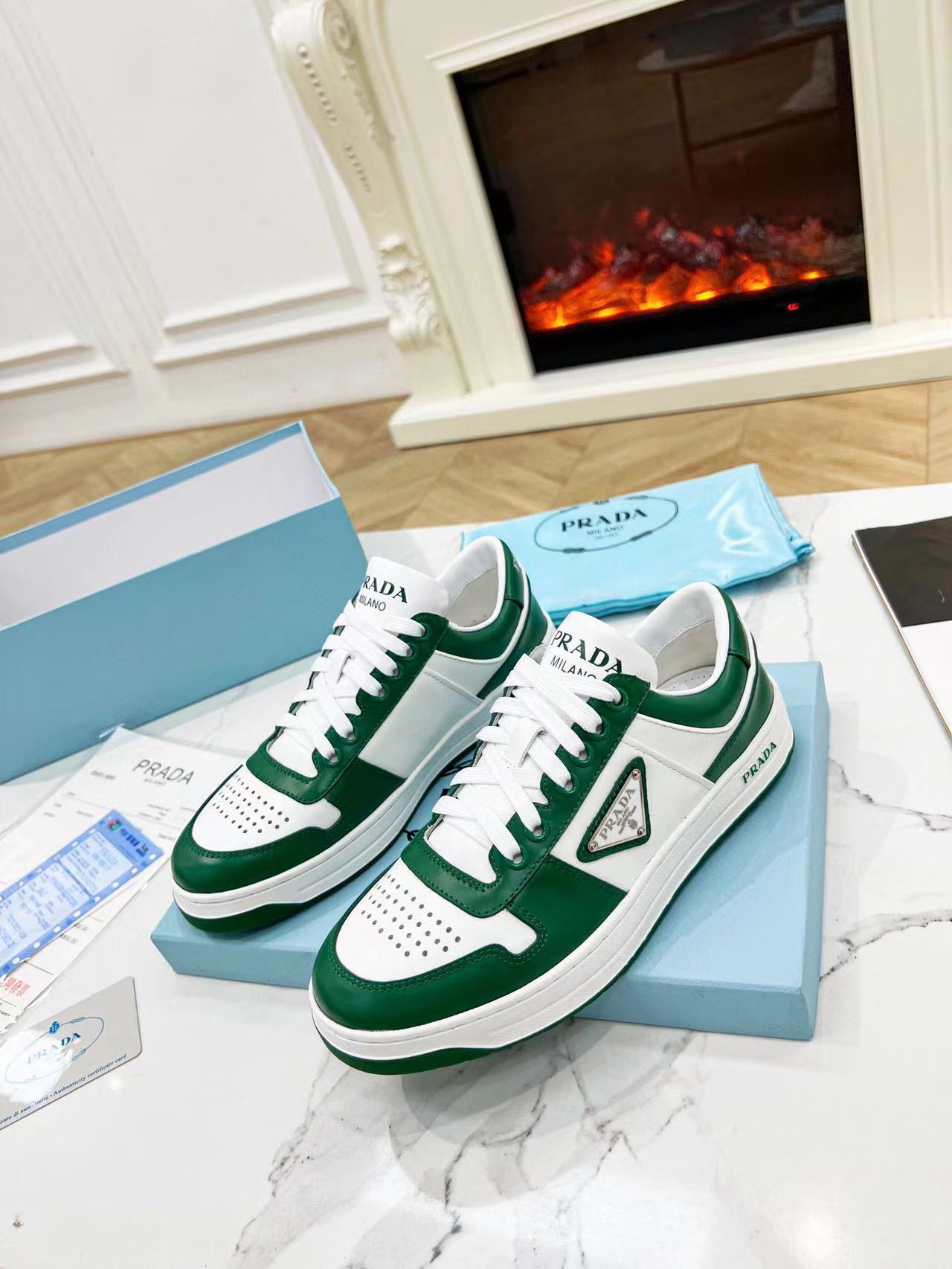 Prada Downtown Low Top Sneakers Leather White Green