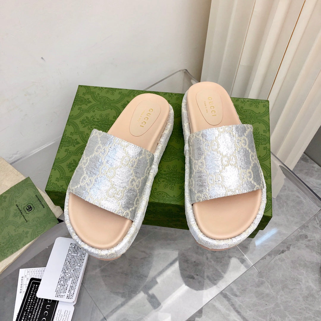 Gucci Angelina Platform 55 mm Sandal Silver Jacquard