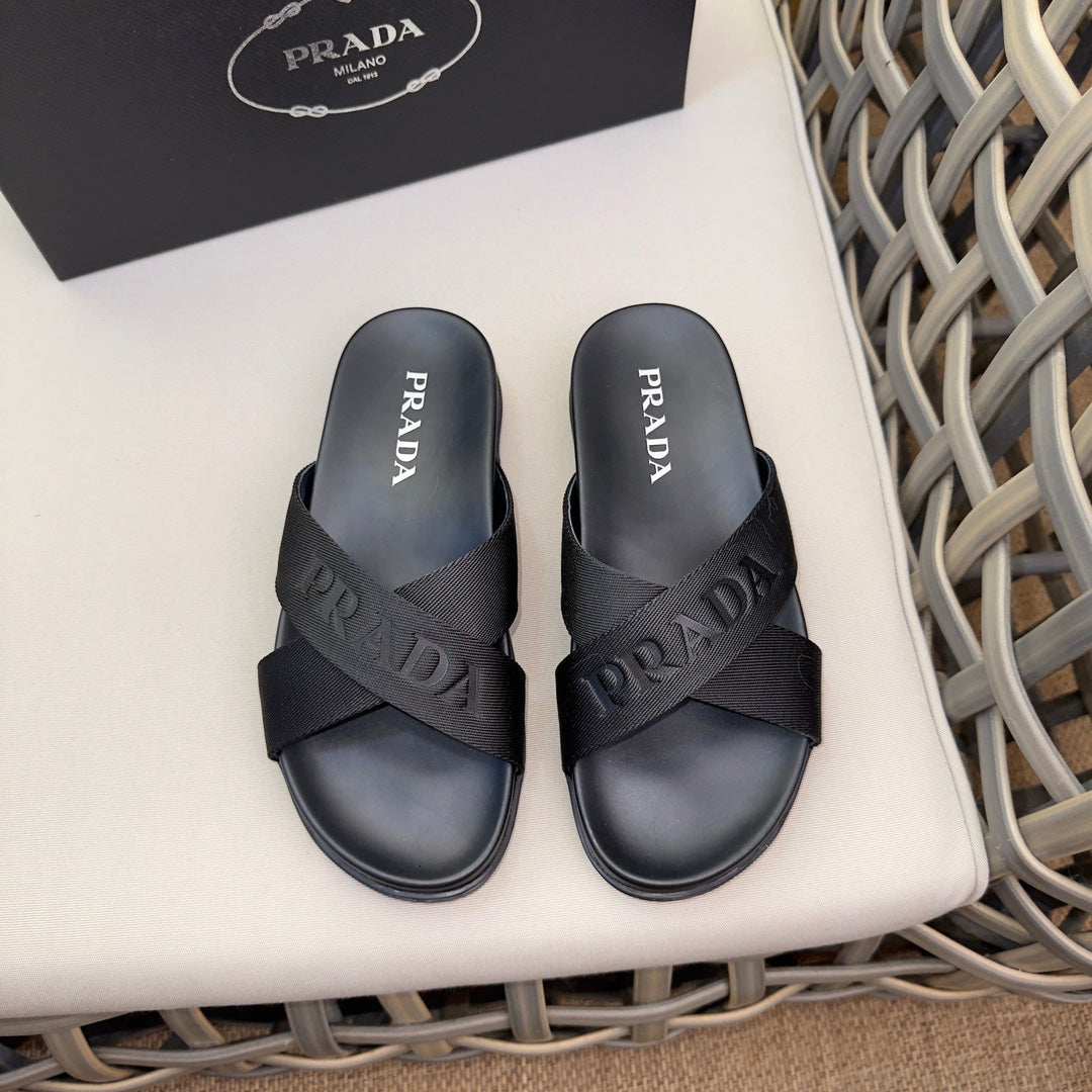 Prada Nylon Tape Crisscross Slides Black Leather