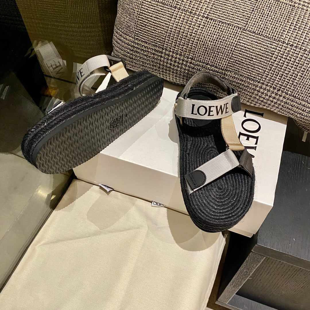 LOEWE Strappy Espadrille Sandals Unisex Nylon In Black/Beige