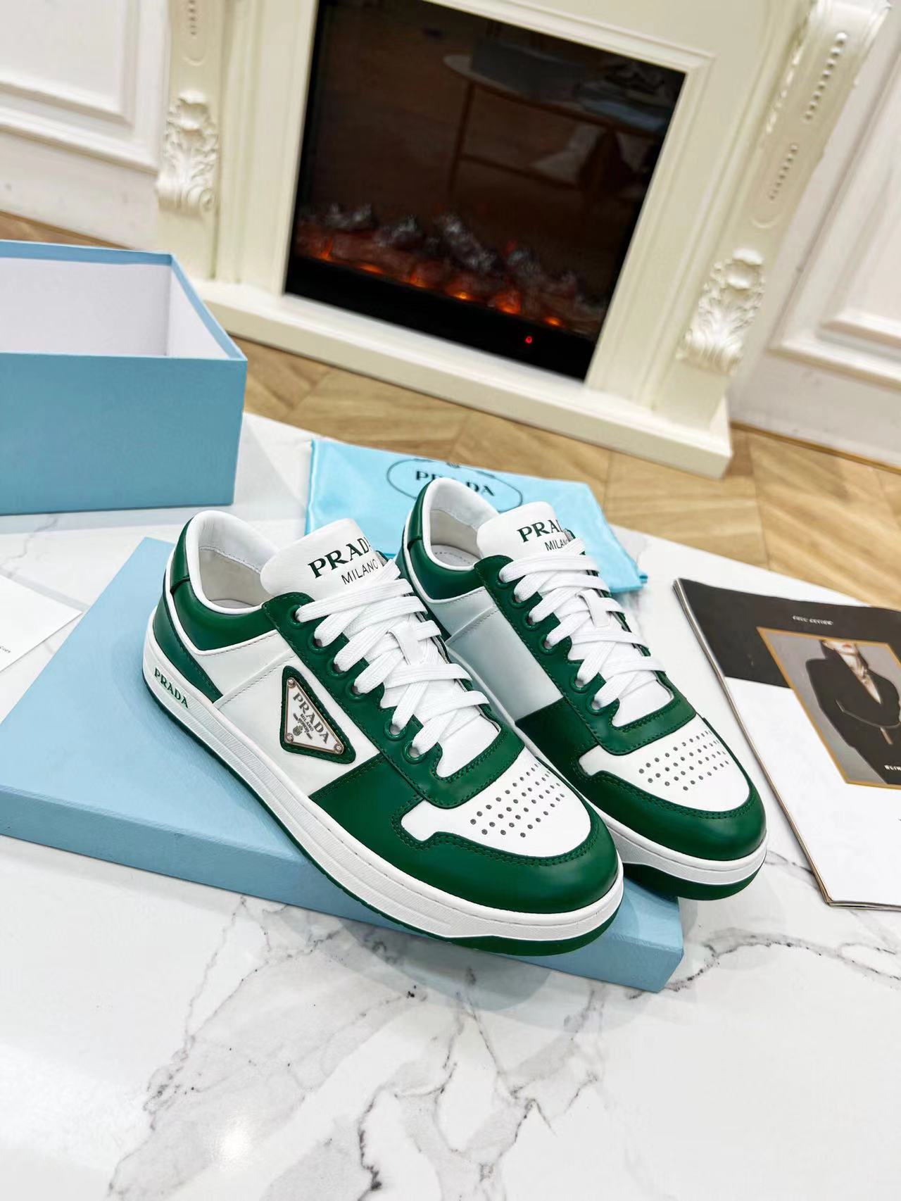 Prada Downtown Low Top Sneakers Leather White Green