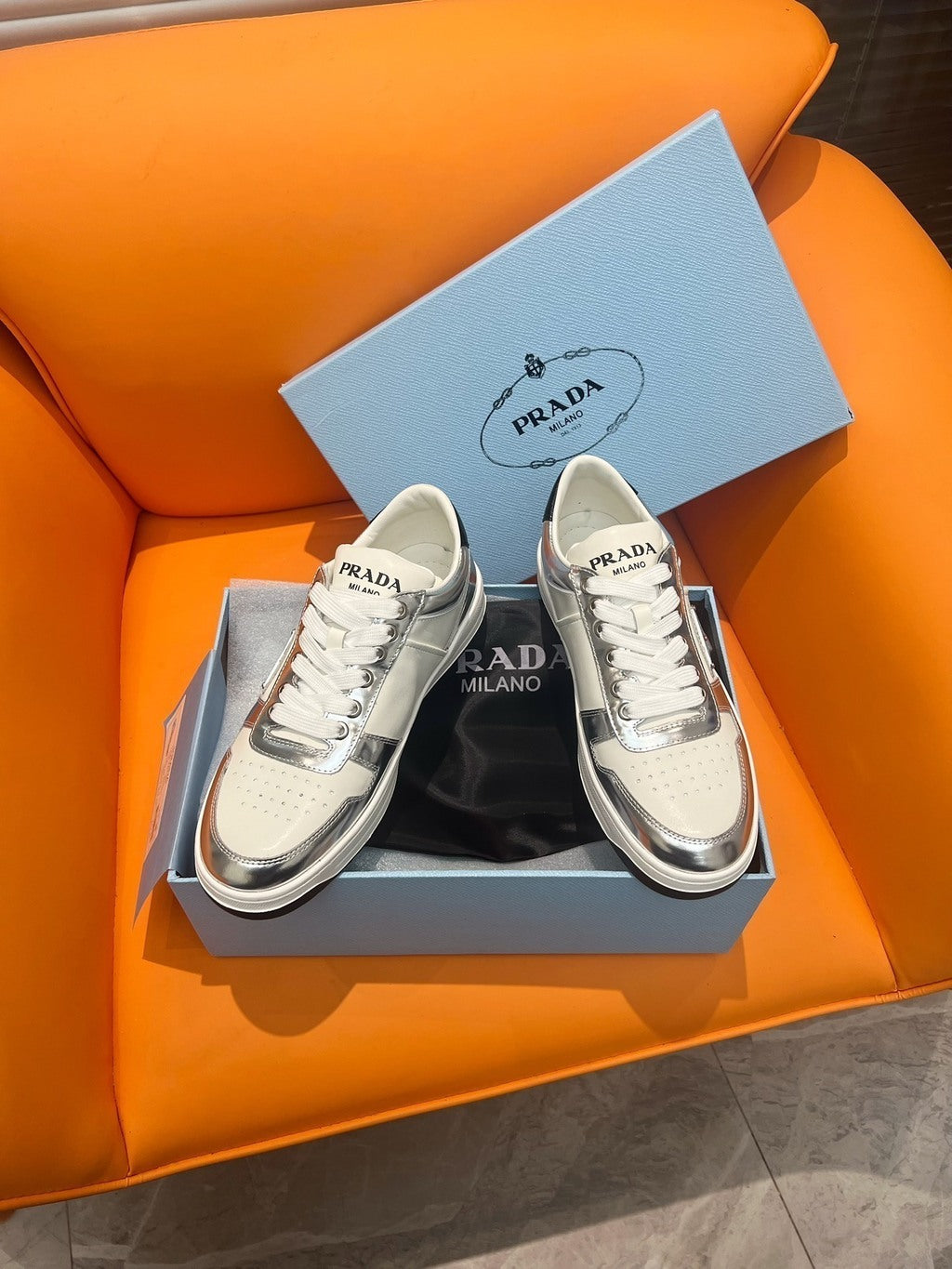 Prada Downtown Low Top Sneakers Leather White Silver