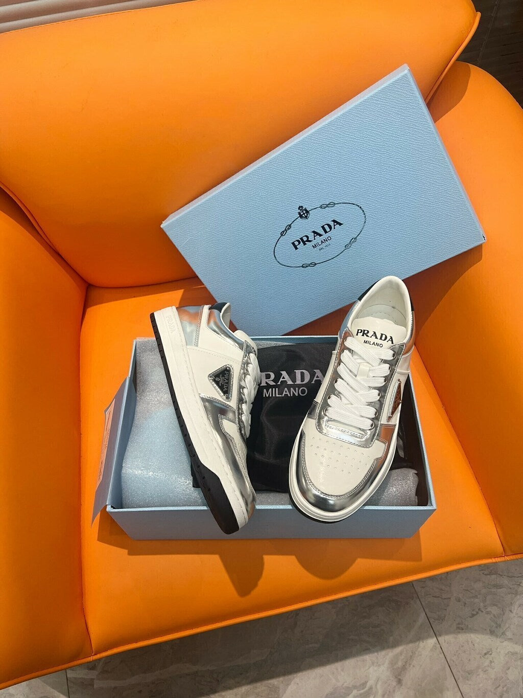 Prada Downtown Low Top Sneakers Leather White Silver