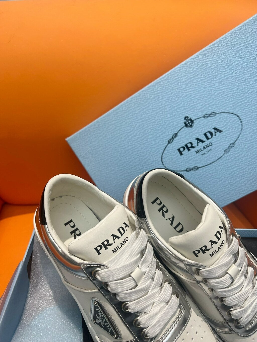 Prada Downtown Low Top Sneakers Leather White Silver