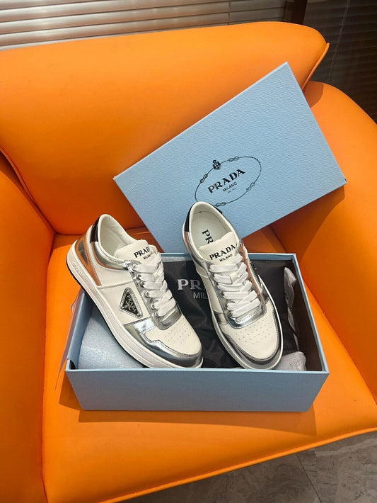 Prada Downtown Low Top Sneakers Leather White Silver