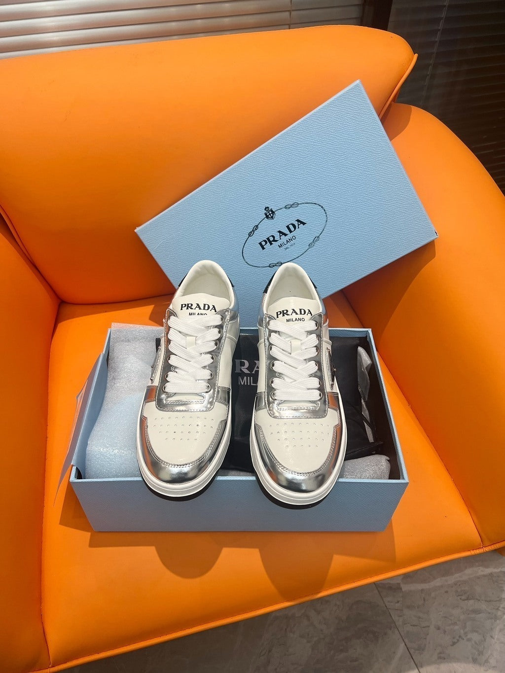 Prada Downtown Low Top Sneakers Leather White Silver