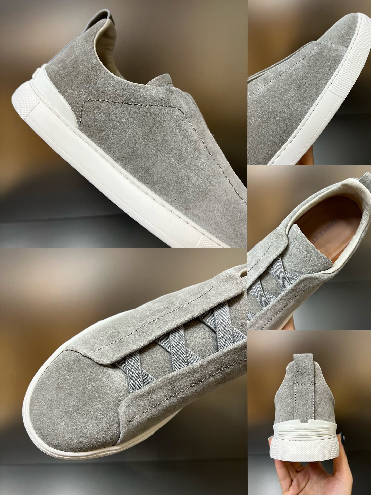 ZEGNA  Grey Suede Triple Stitch Sneakers