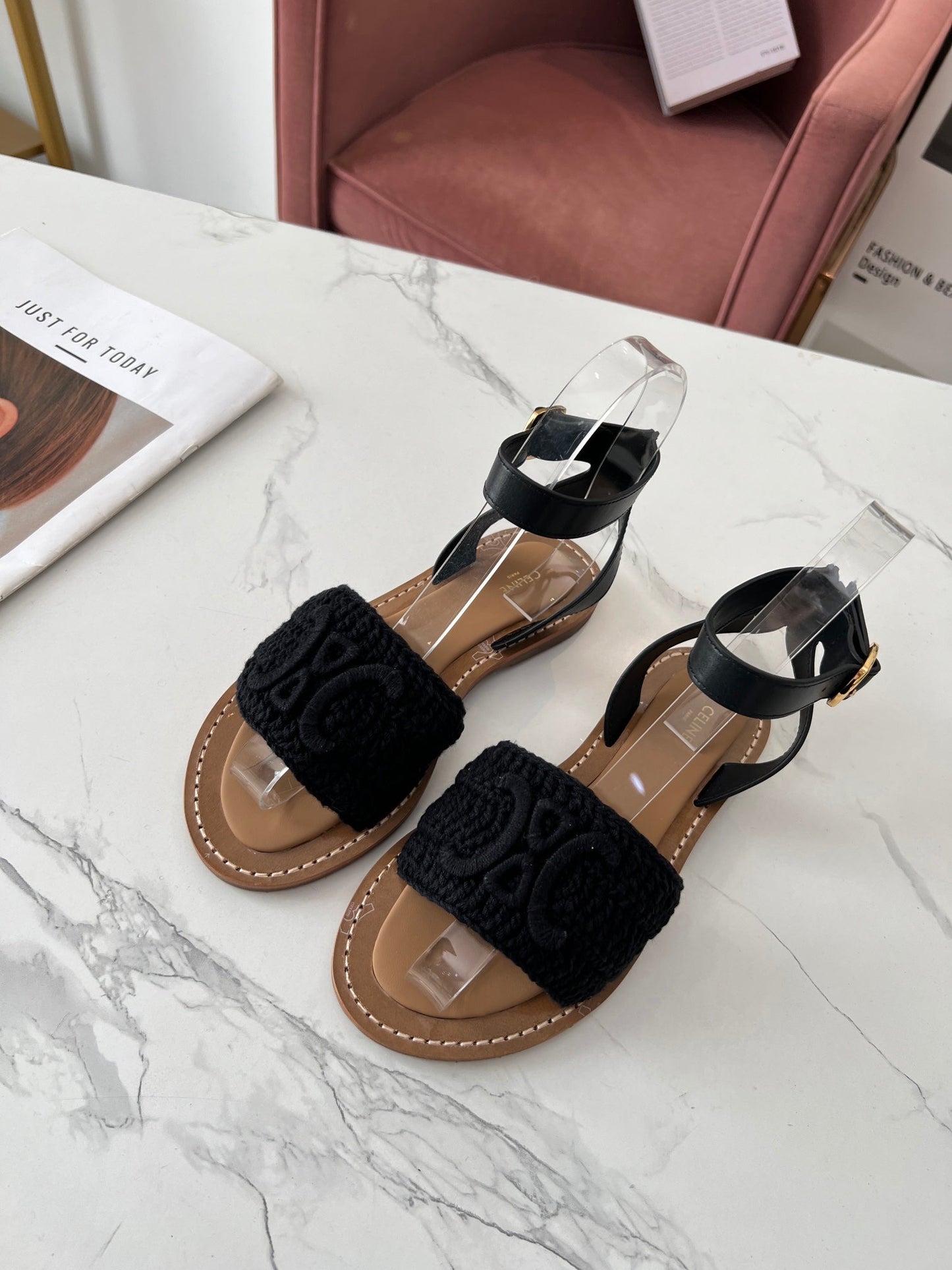 CELINE LYMPIA SANDAL in TRIOMPHE MACCRAMÉ COTTON & CALFSKIN