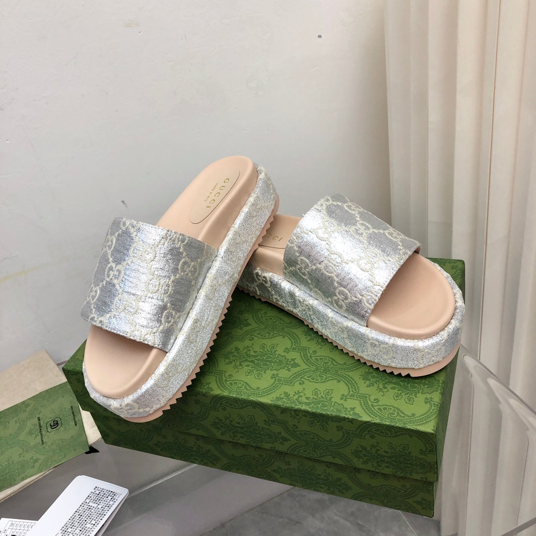 Gucci Angelina Platform 55 mm Sandal Silver Jacquard