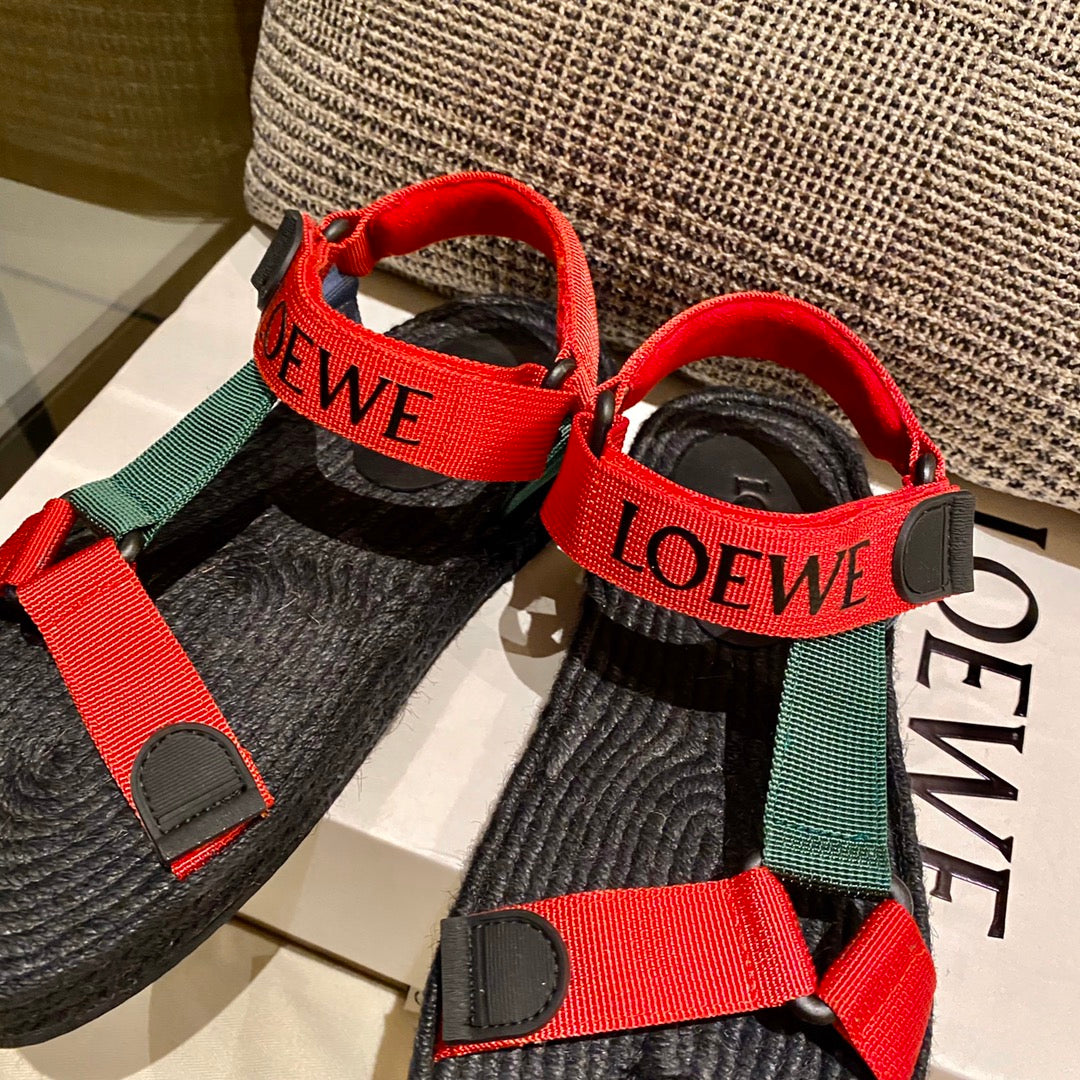 LOEWE Strappy Espadrille Sandals Unisex Nylon In Red/Green