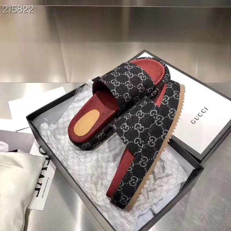 Gucci Angelina Platform 55 mm Sandal Black Red Jacquard Denim