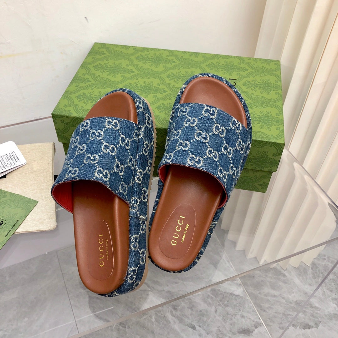 Gucci Angelina Platform 55 mm Sandal Jacquard Denim