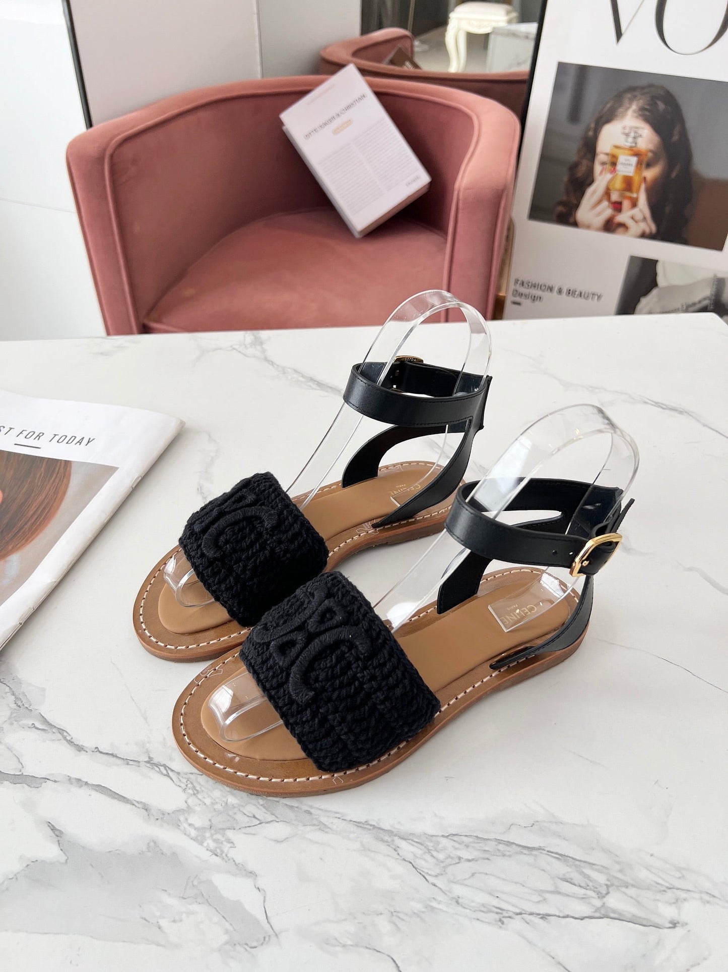 CELINE LYMPIA SANDAL in TRIOMPHE MACCRAMÉ COTTON & CALFSKIN