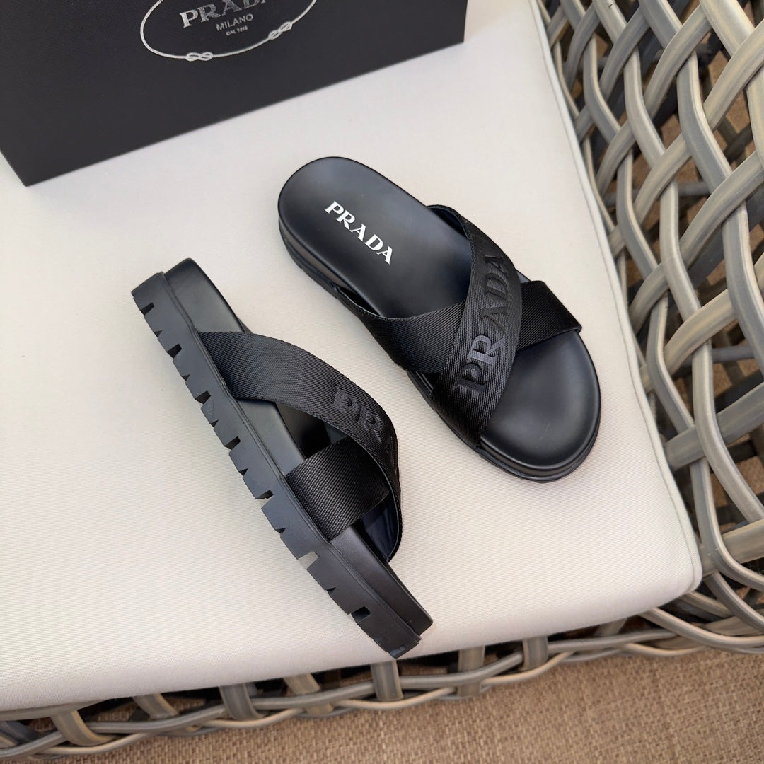 Prada Nylon Tape Crisscross Slides Black Leather