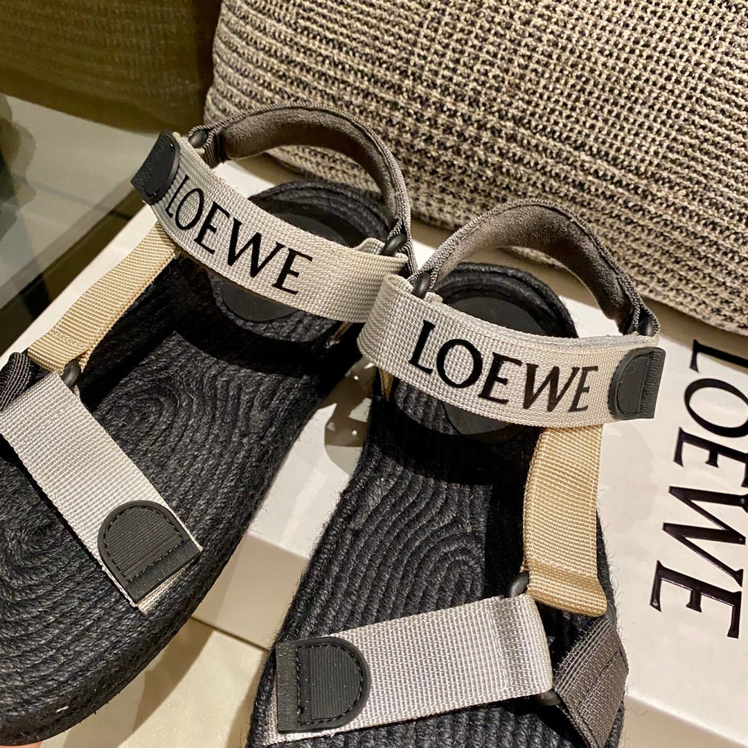 LOEWE Strappy Espadrille Sandals Unisex Nylon In Black/Beige