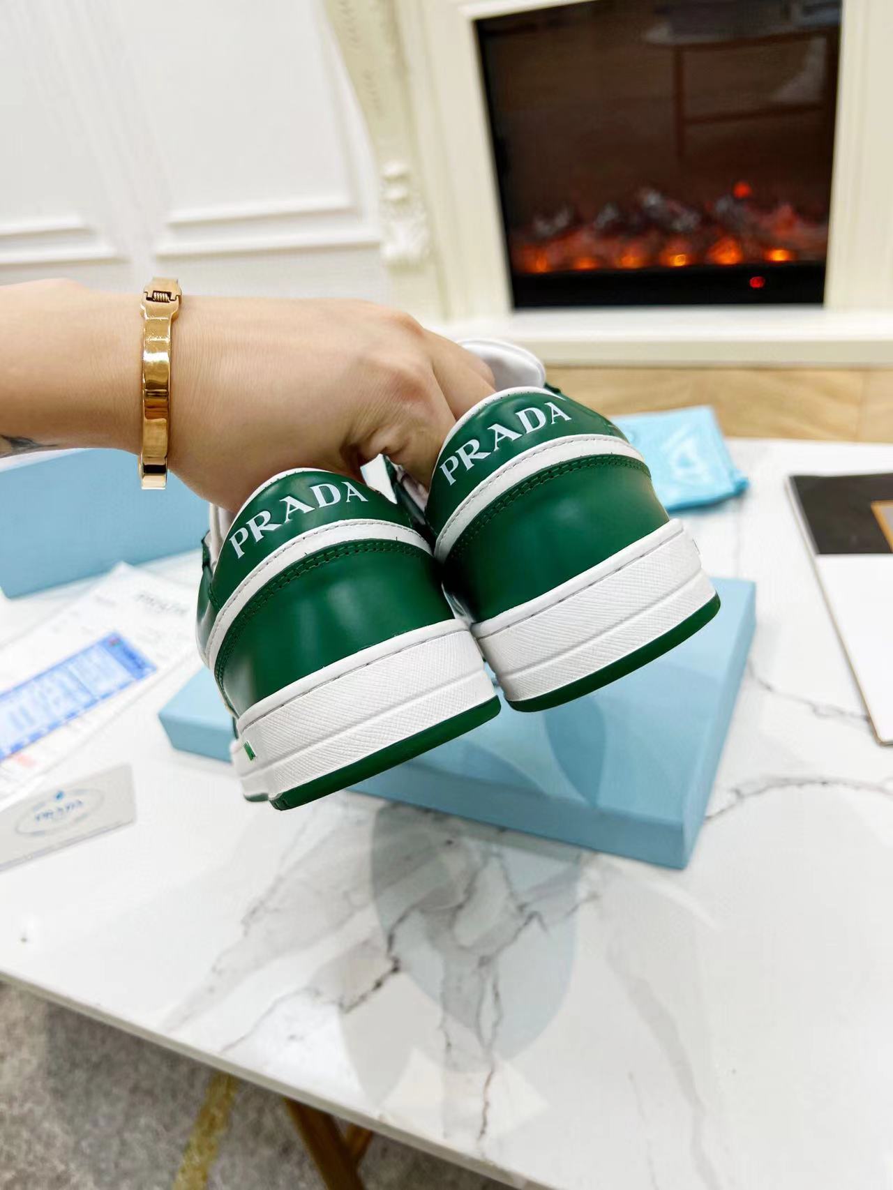 Prada Downtown Low Top Sneakers Leather White Green