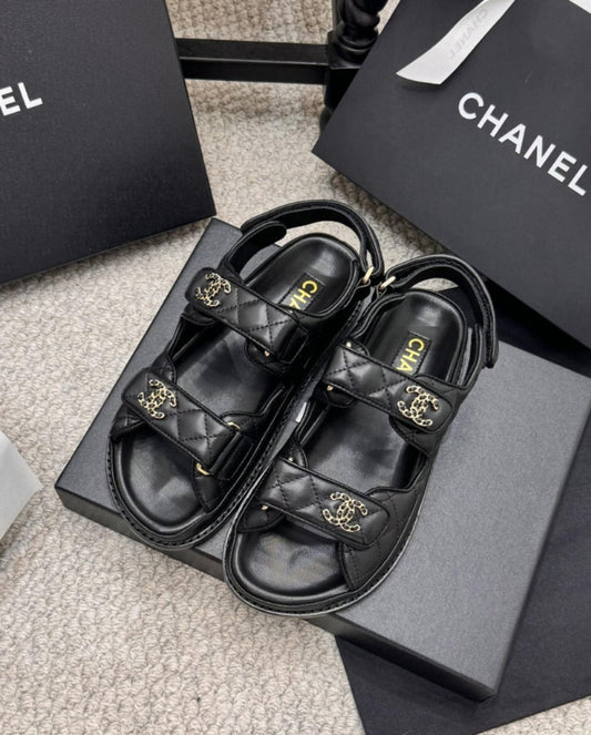 CHANEL Grained Calfskin Velcro Dad Sandals