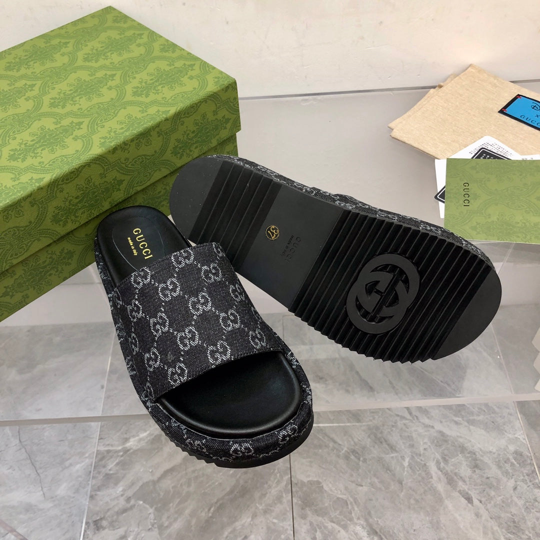 Gucci Angelina Platform 55 mm Sandal Black Jacquard Denim