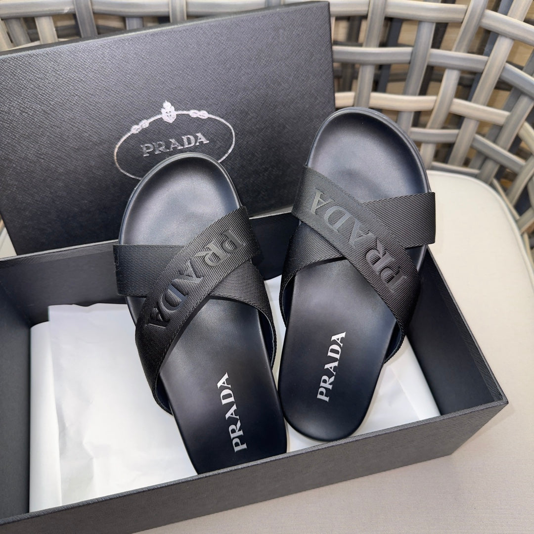 Prada Nylon Tape Crisscross Slides Black Leather