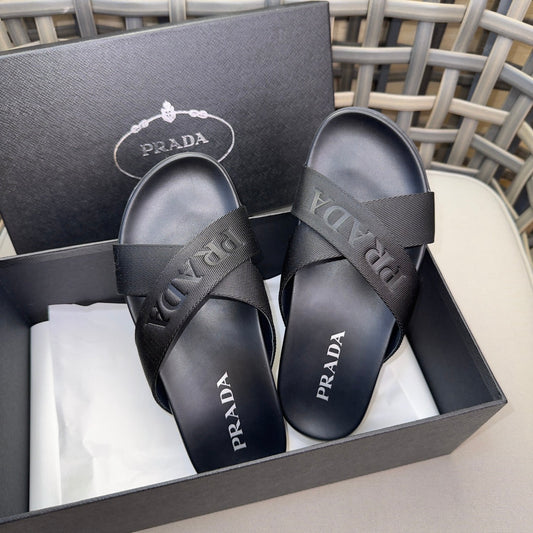 Prada Nylon Tape Crisscross Slides Black Leather