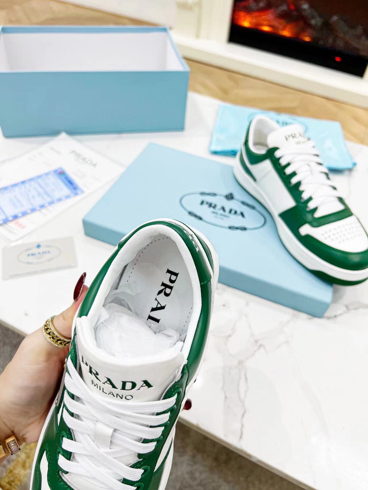 Prada Downtown Low Top Sneakers Leather White Green