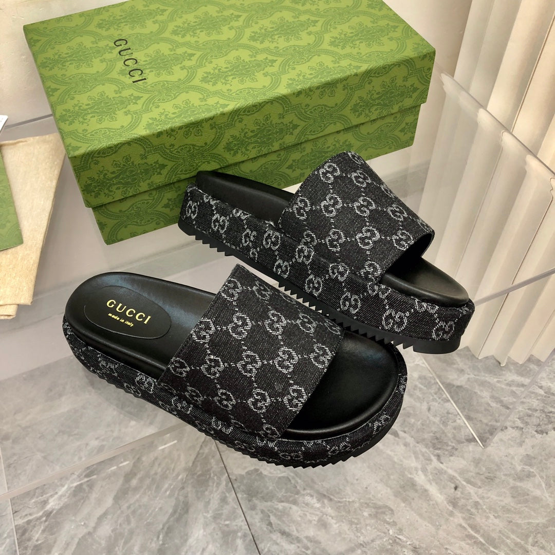 Gucci Angelina Platform 55 mm Sandal Black Jacquard Denim