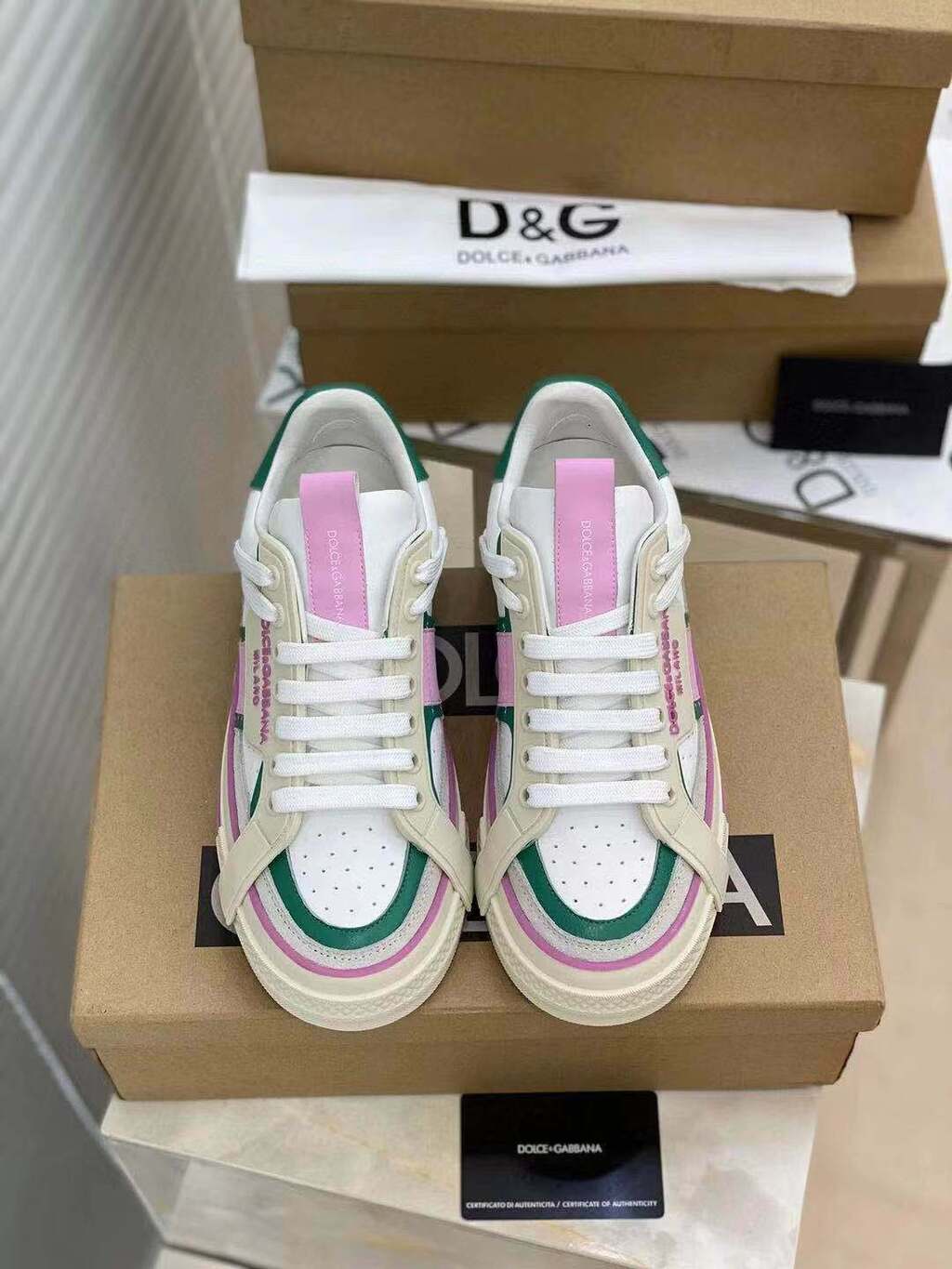 Dolce & Gabbana White Pink Green Custom 2.Zero Sneakers