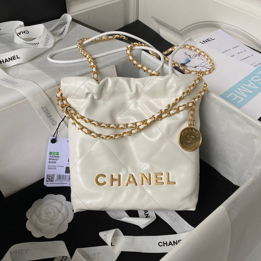 Chanel 22 Handbag 22S Calfskin White/Gold Logo