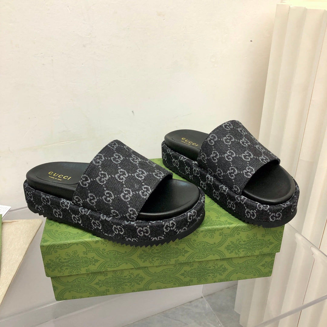 Gucci Angelina Platform 55 mm Sandal Black Jacquard Denim