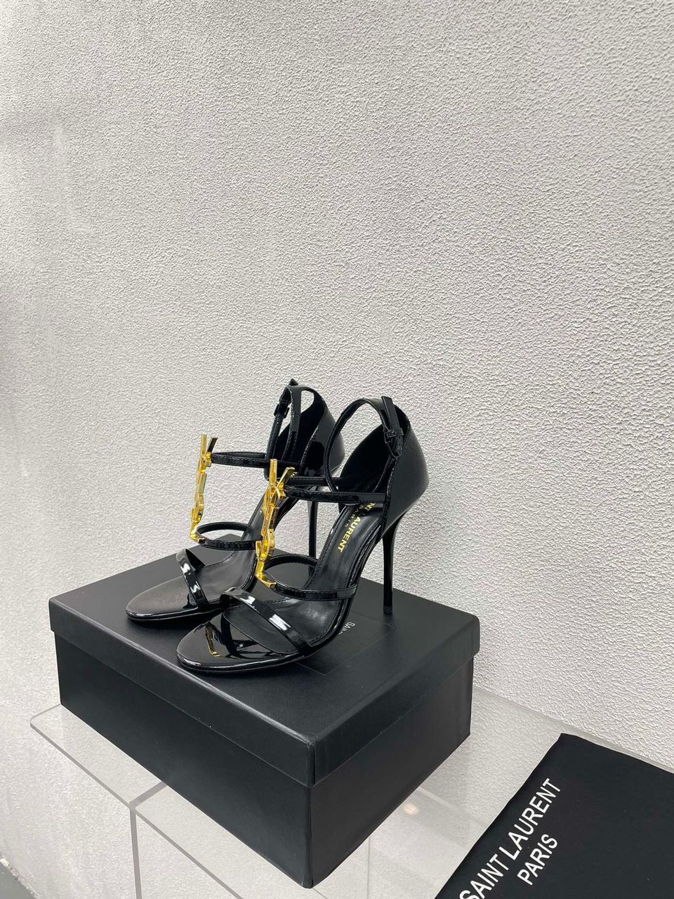 Saint Laurent Cassandra Sandal Heels Gold Patent Leather