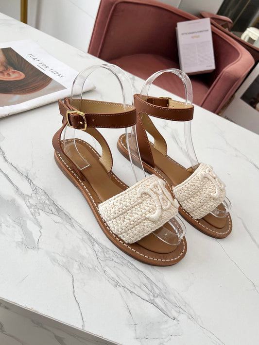 CELINE LYMPIA SANDAL in TRIOMPHE MACCRAMÉ COTTON & CALFSKIN