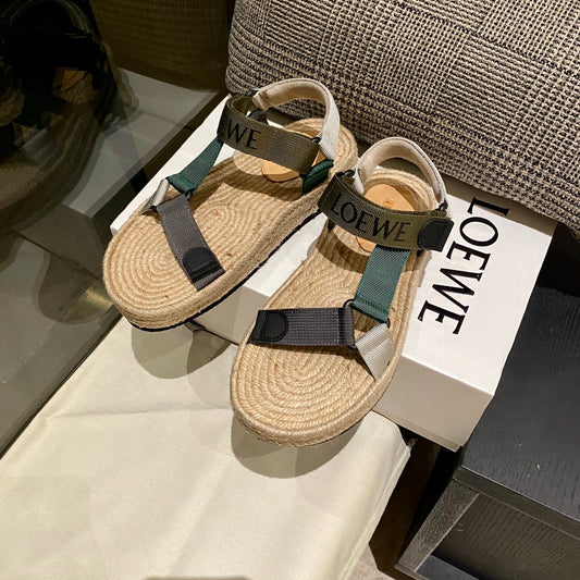 LOEWE Strappy Espadrille Sandals Women Nylon In Beige/Green