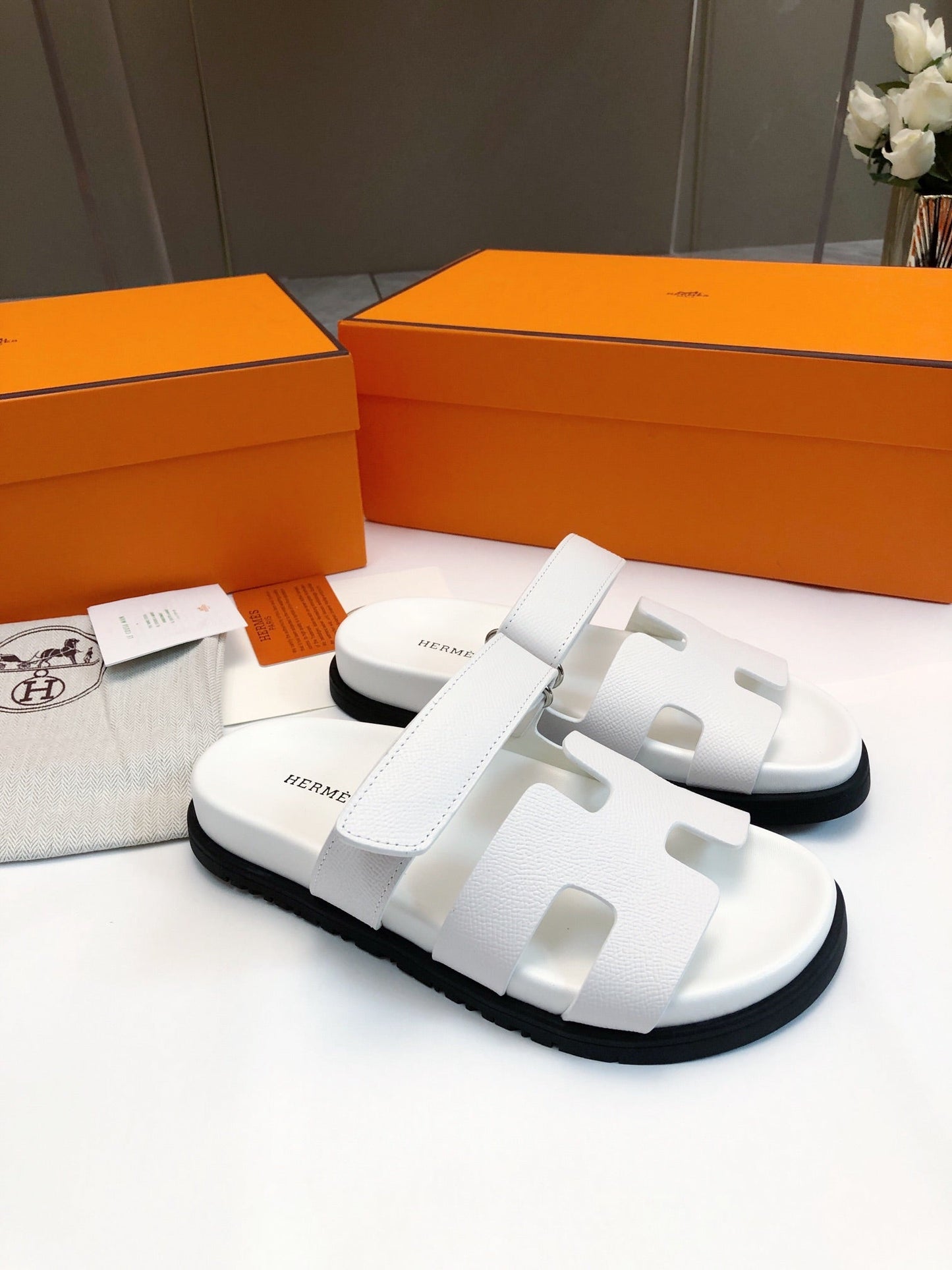 Hermes Chypre Sandal Blanc Epsom Leather