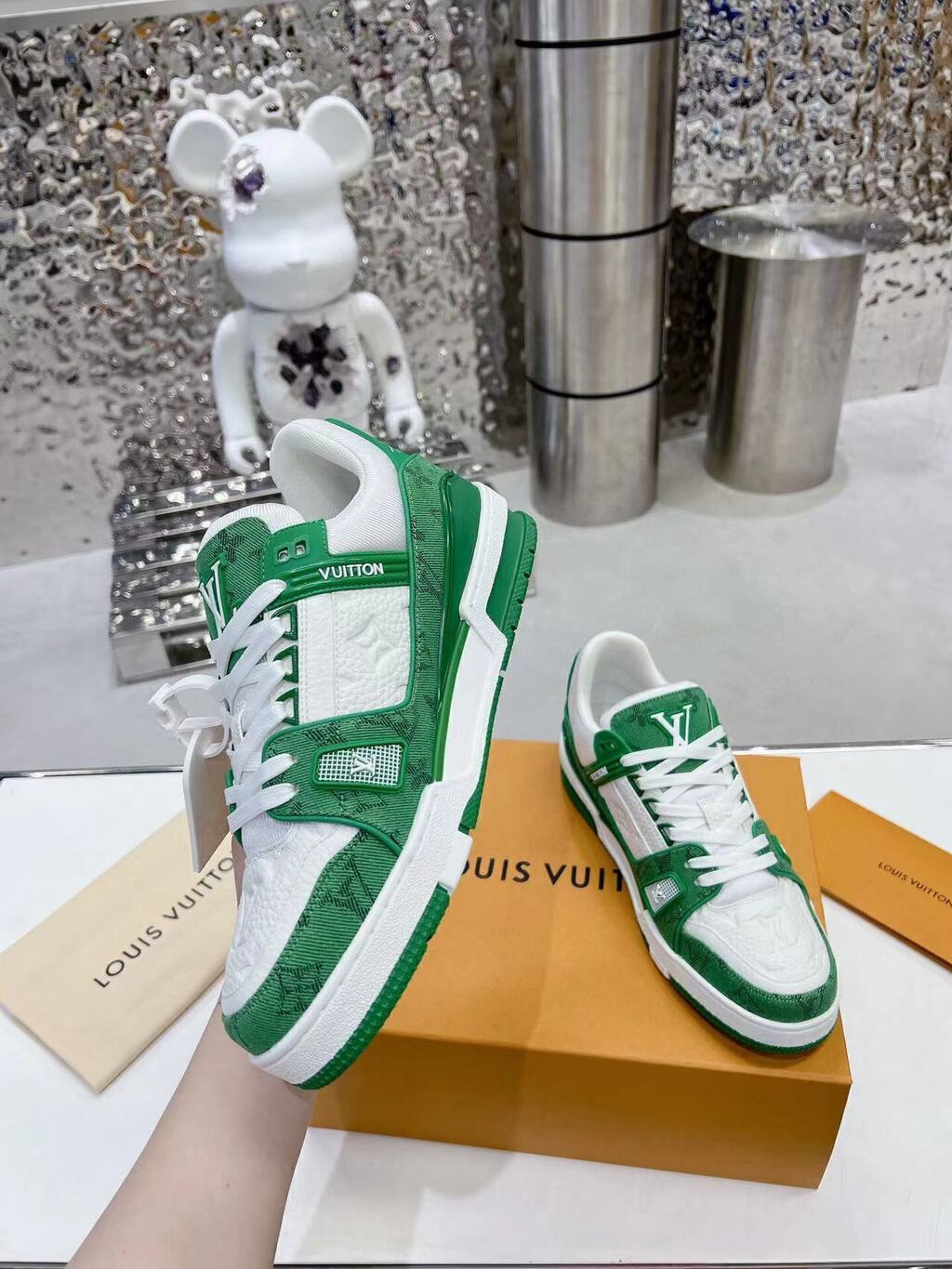 Trainer Green Monogram Denim White