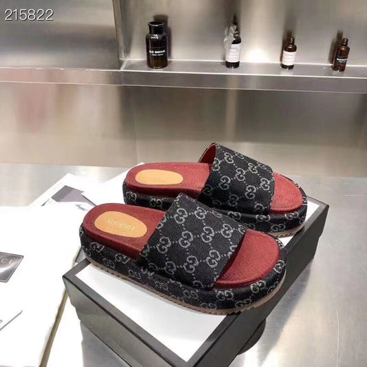 Gucci Angelina Platform 55 mm Sandal Black Red Jacquard Denim