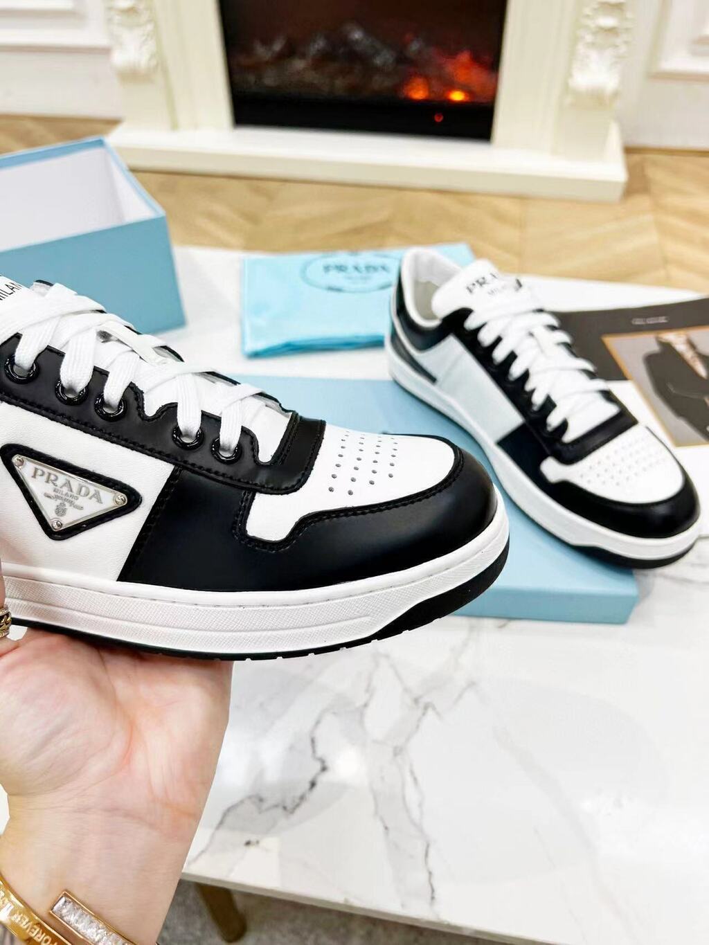 Prada Downtown Low Top Sneakers Leather White Black