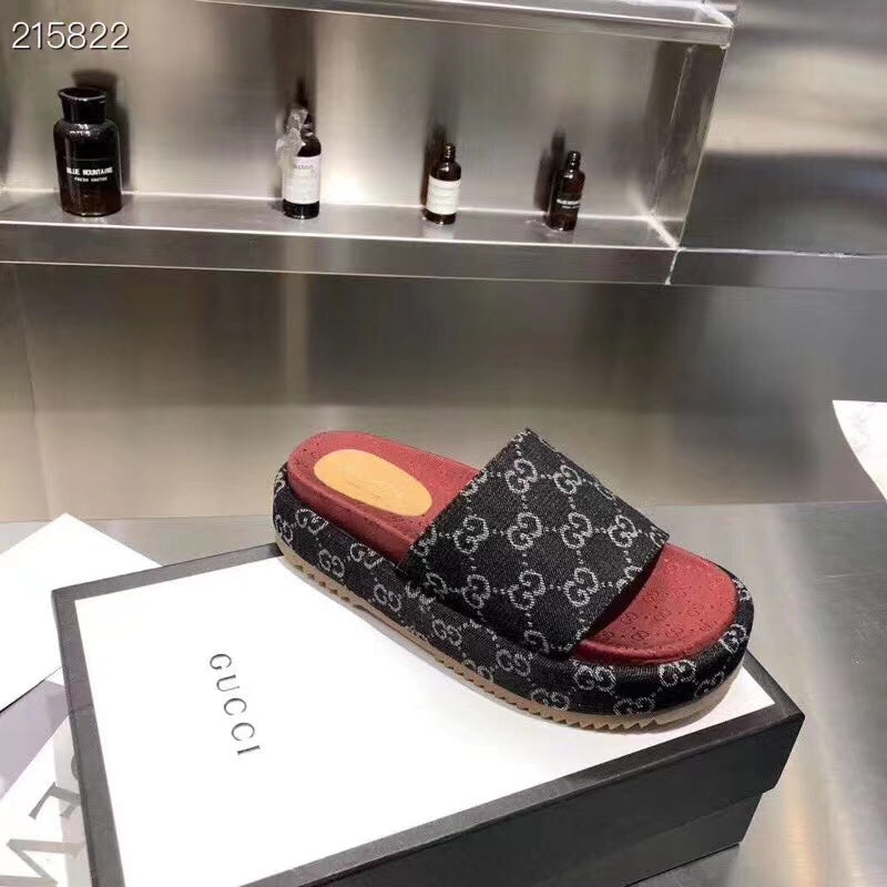 Gucci Angelina Platform 55 mm Sandal Black Red Jacquard Denim