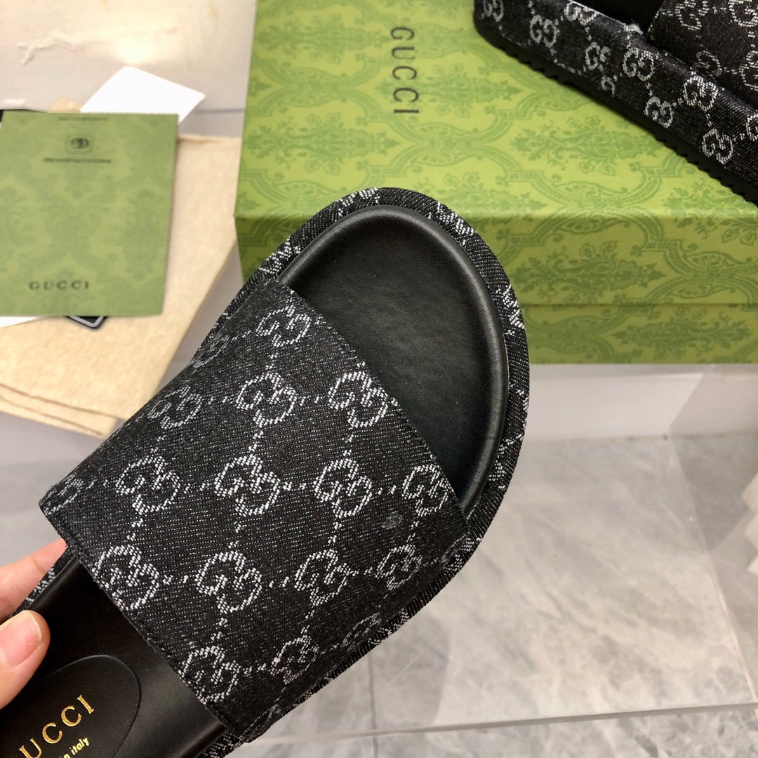 Gucci Angelina Platform 55 mm Sandal Black Jacquard Denim