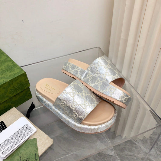 Gucci Angelina Platform 55 mm Sandal Silver Jacquard