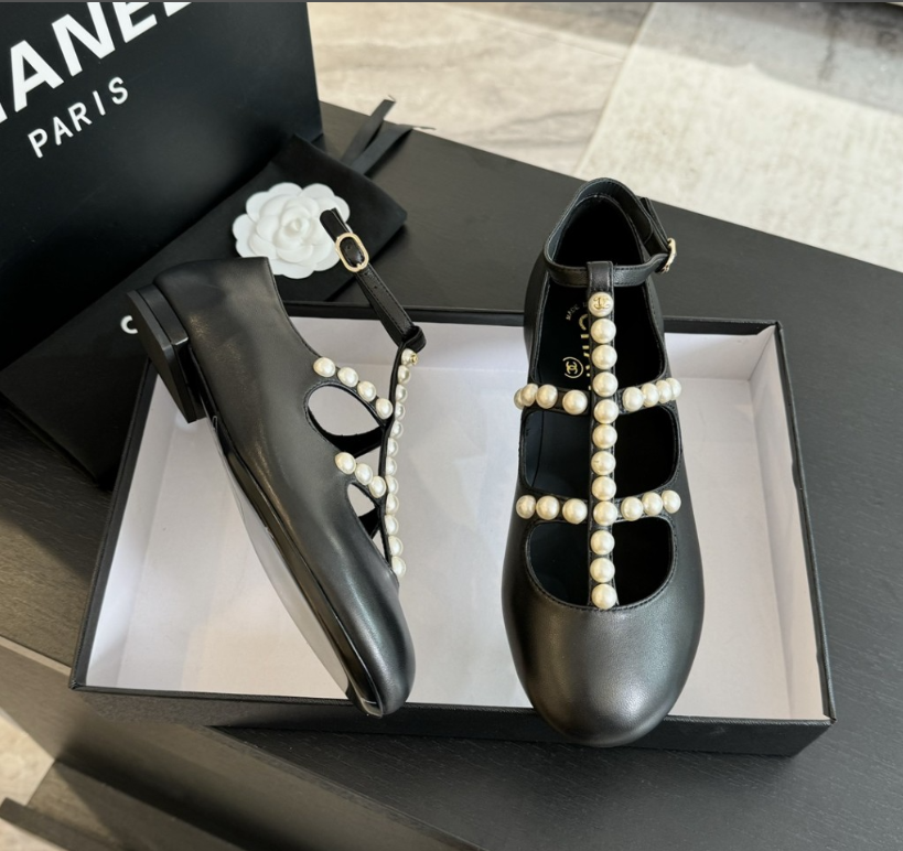 Chanel Goatskin Pearl Mary Jane Flats Black