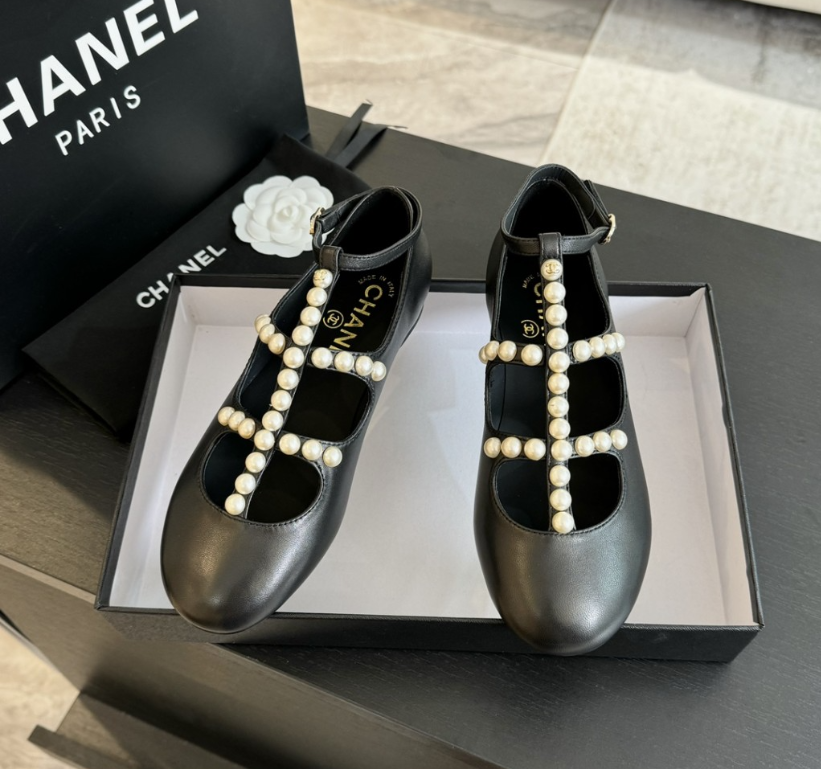 Chanel Goatskin Pearl Mary Jane Flats Black