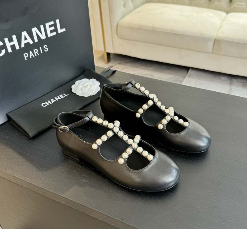 Chanel Goatskin Pearl Mary Jane Flats Black