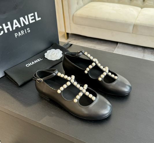 Chanel Goatskin Pearl Mary Jane Flats Black