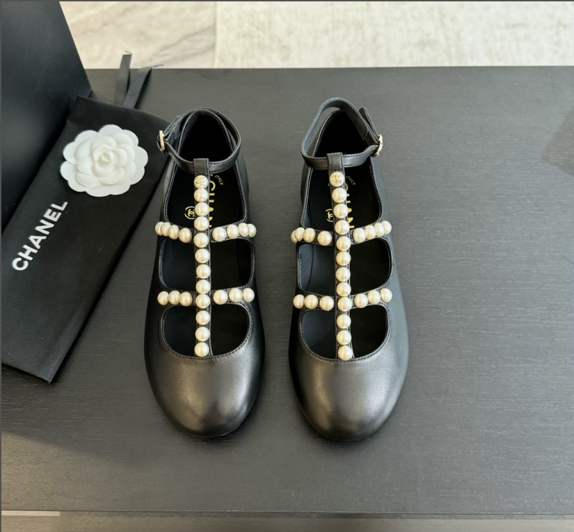 Chanel Goatskin Pearl Mary Jane Flats Black