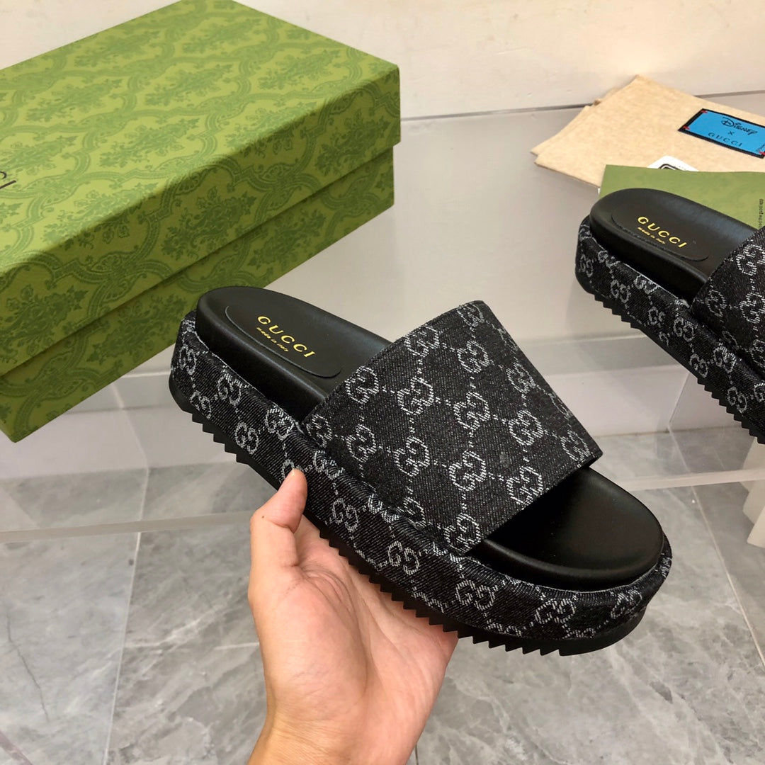 Gucci Angelina Platform 55 mm Sandal Black Jacquard Denim