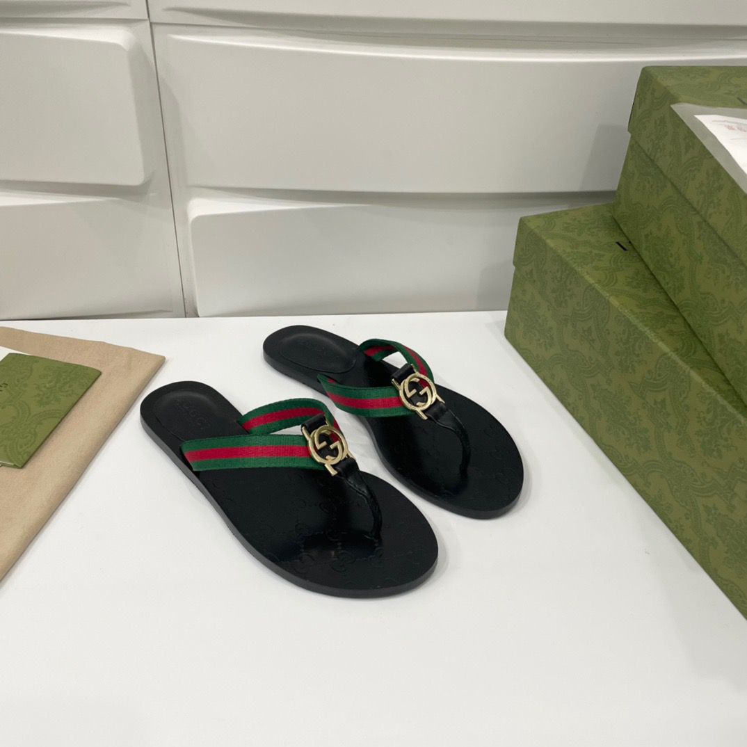 Gucci Web Thong Sandal Black Leather