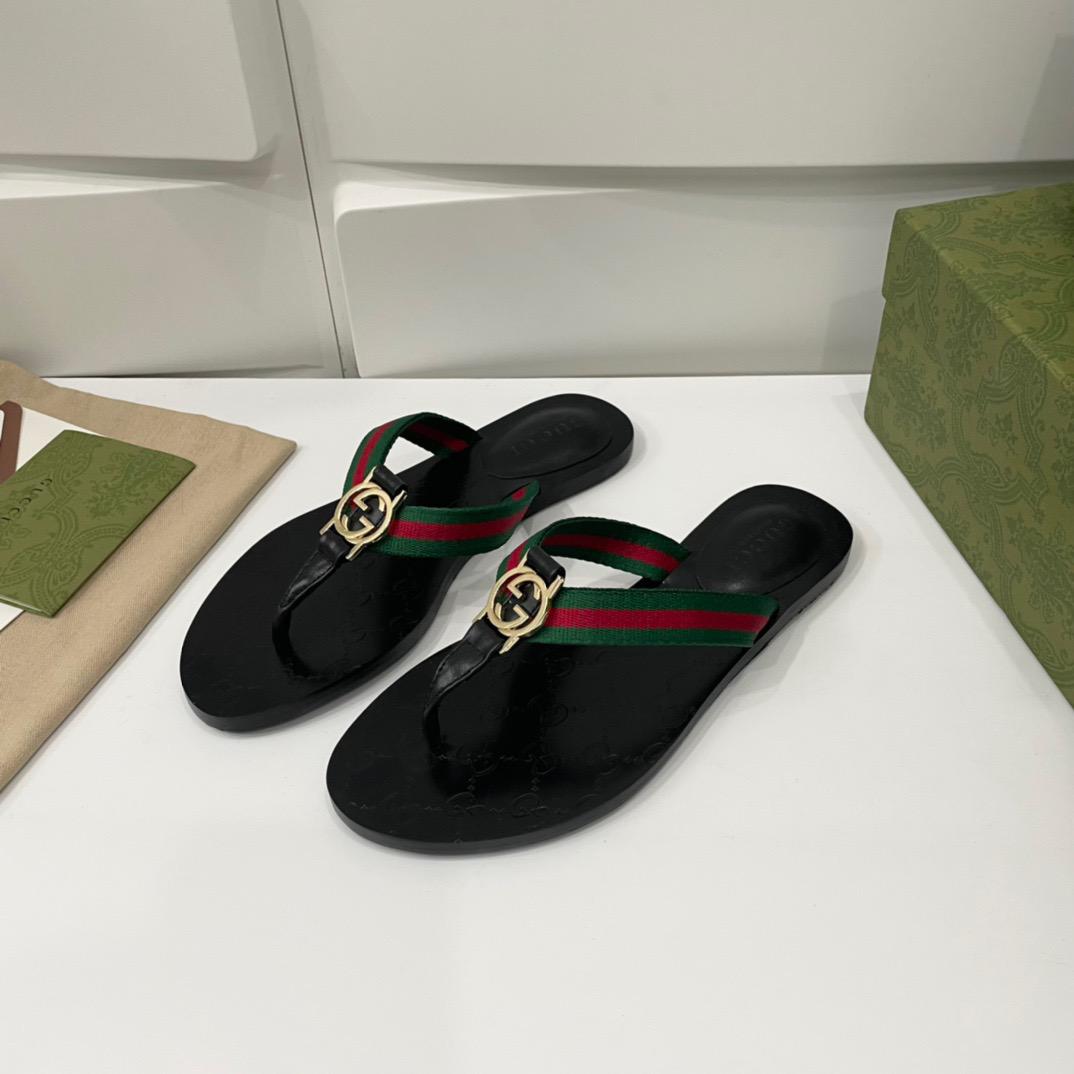 Gucci Web Thong Sandal Black Leather